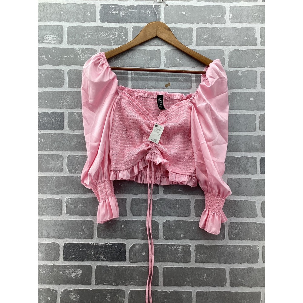 Akira For You Tie Pink Smocked Puff Sleeve Crop Top IT1547-2 Large NWT